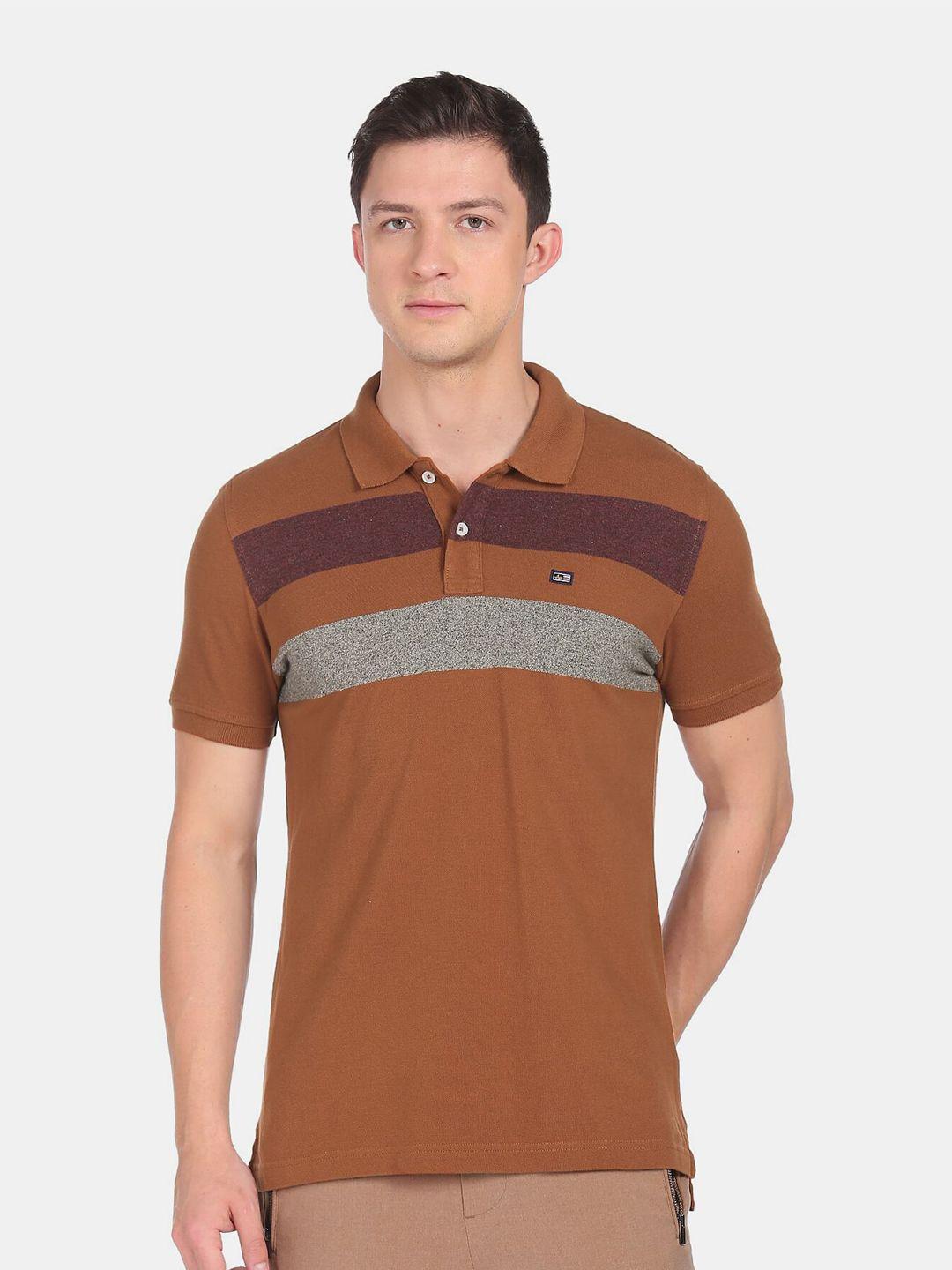 arrow sport men brown & grey cotton polo collar t-shirt