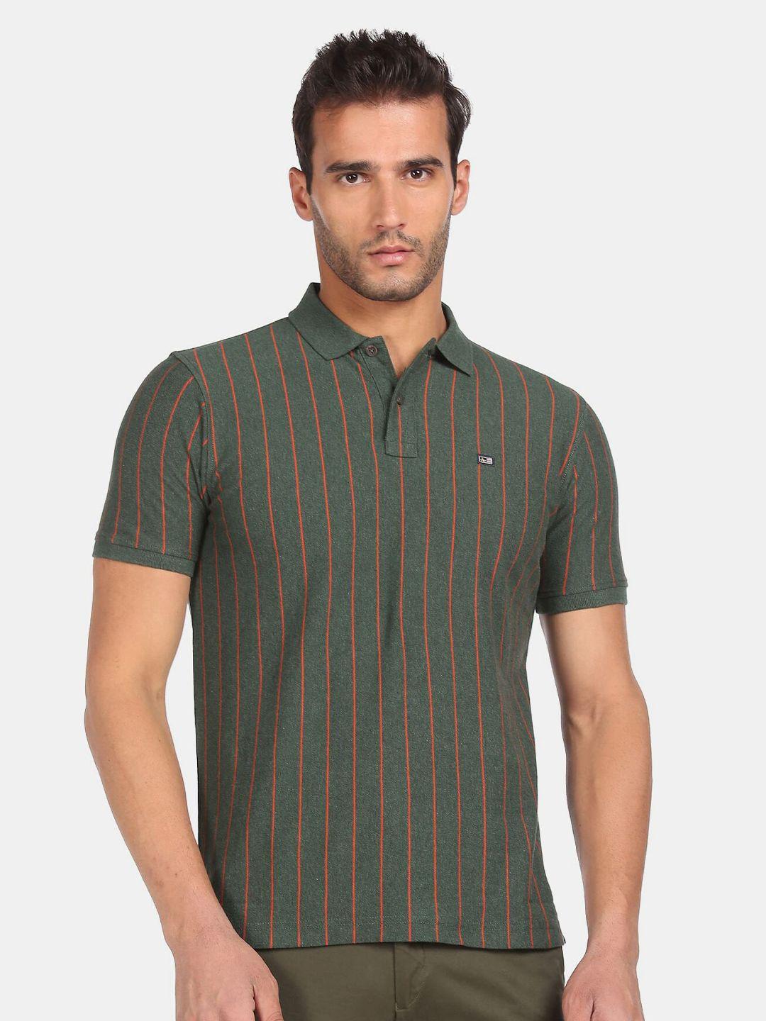 arrow sport men green & orange striped polo collar t-shirt