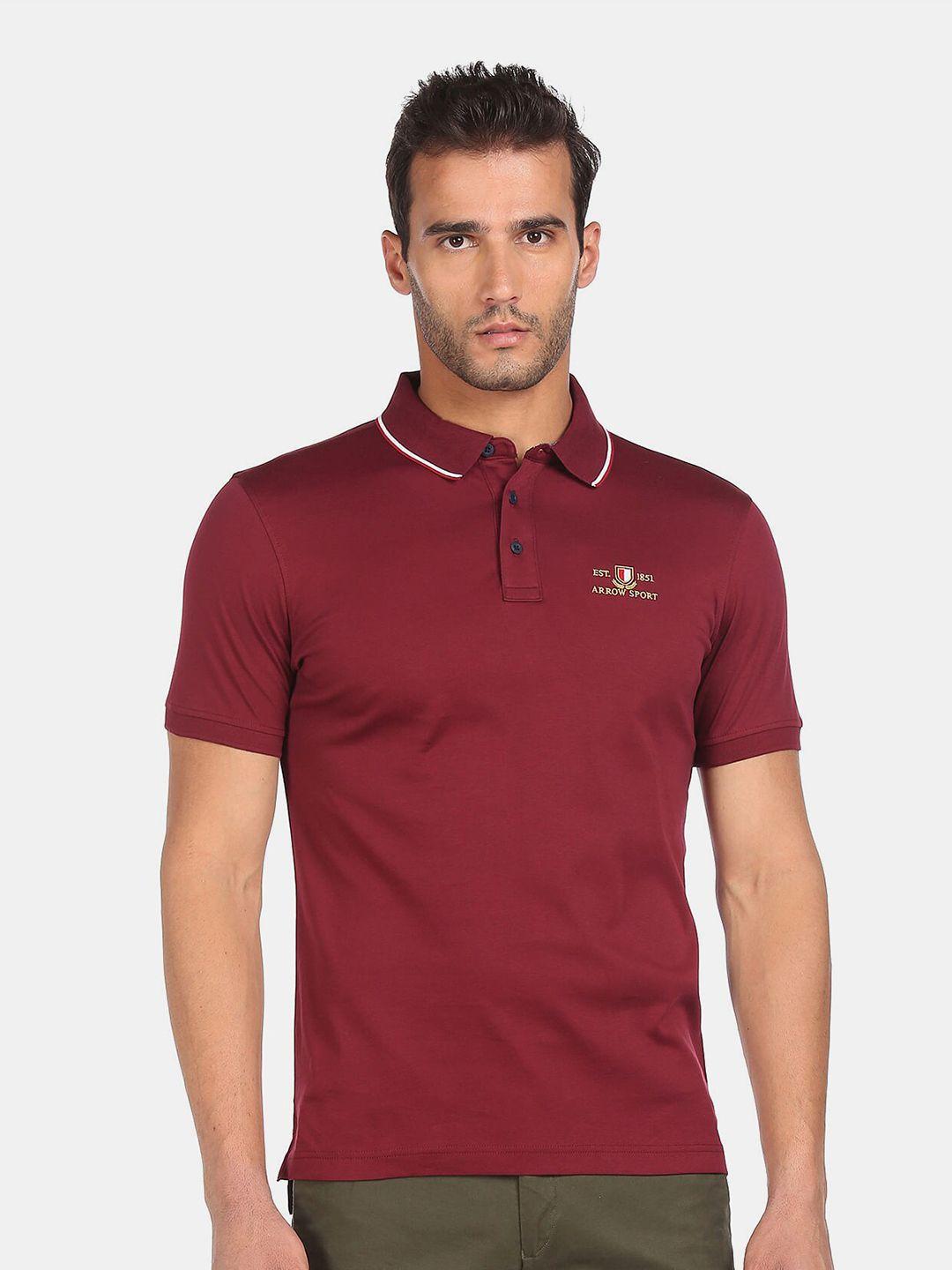 arrow sport men maroon pure cotton polo collar t-shirt