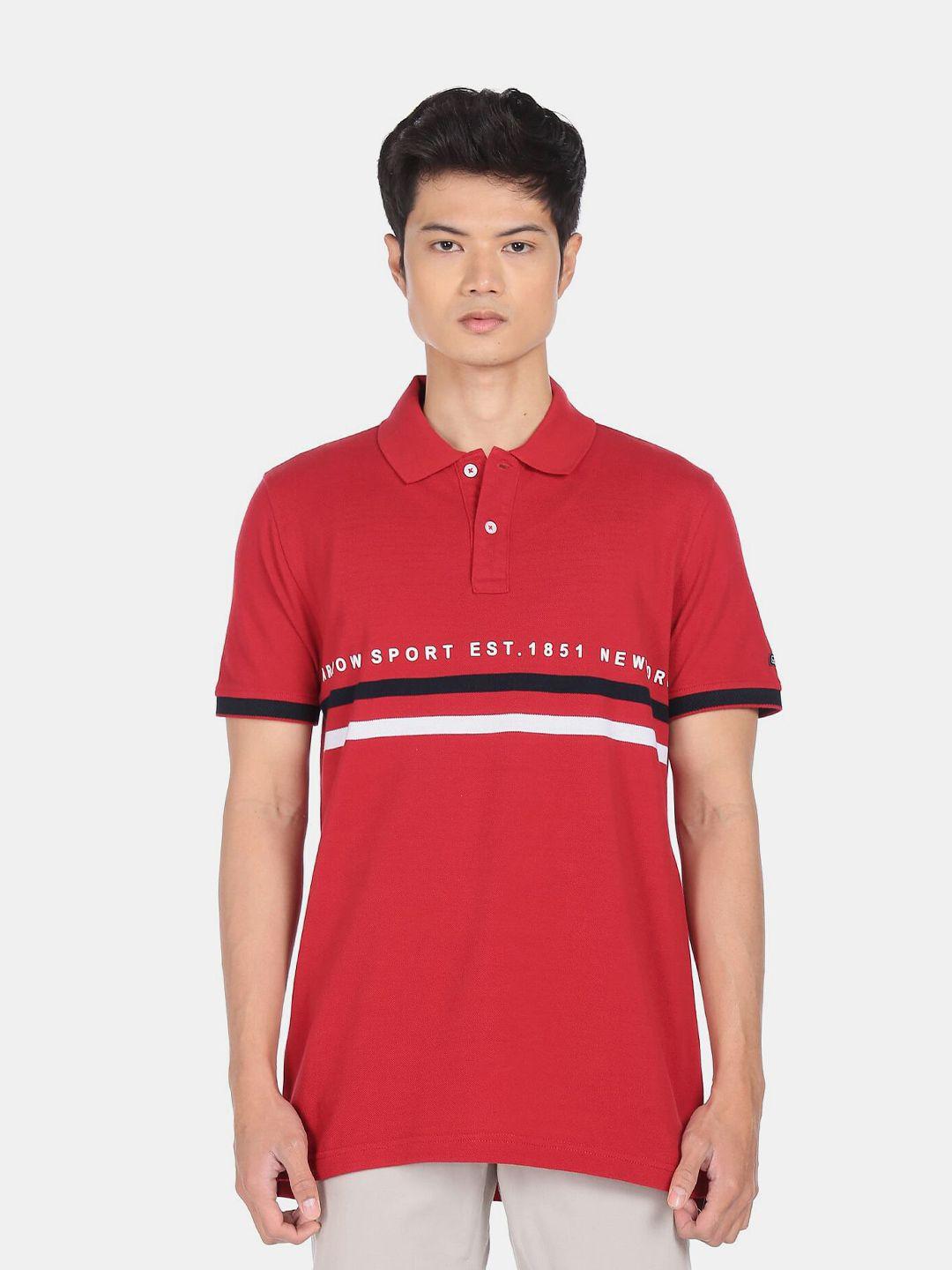 arrow sport men red & white brand logo printed polo collar pure cotton t-shirt