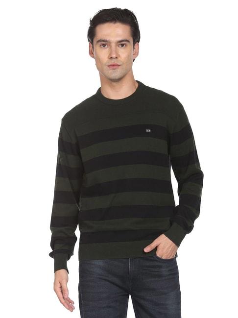 arrow sport olive cotton regular fit striped sweater