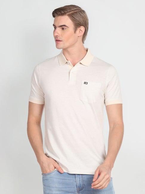 arrow beige cotton regular fit striped polo t-shirt