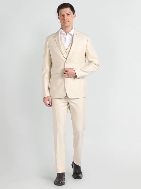 arrow beige regular fit texture three piece suit