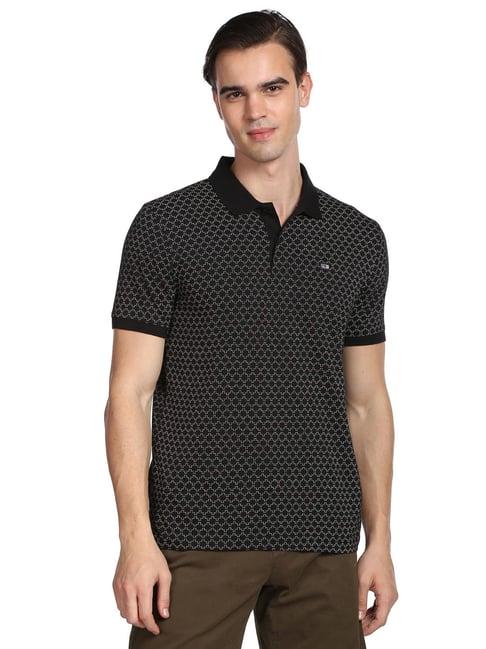 arrow black cotton regular fit printed polo t-shirt