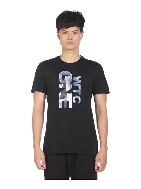 arrow black cotton regular fit printed t-shirt