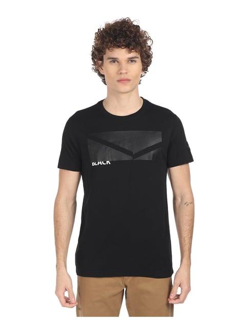 arrow black cotton regular fit printed t-shirt