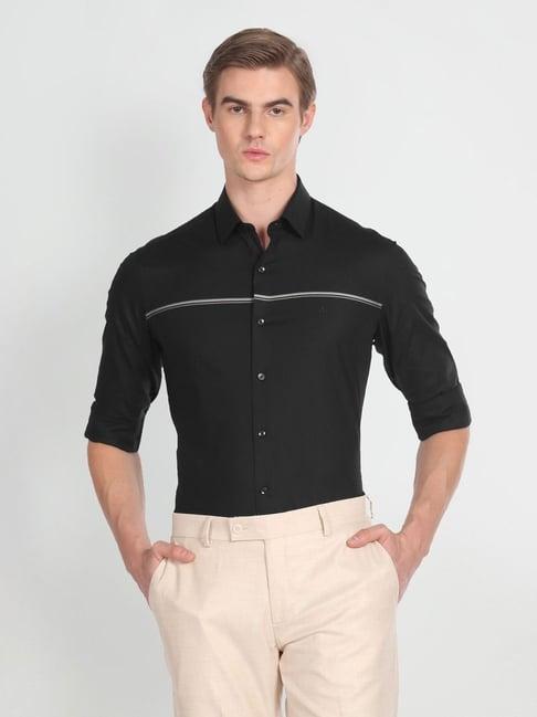arrow black cotton slim fit striped shirt
