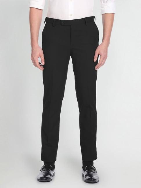 arrow black regular fit self pattern trousers