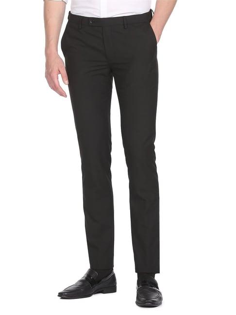 arrow black regular fit self pattern trousers