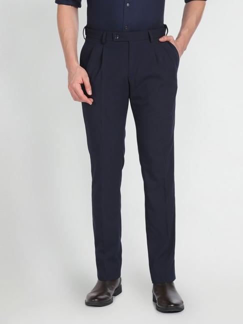 arrow blue slim fit self pattern trousers