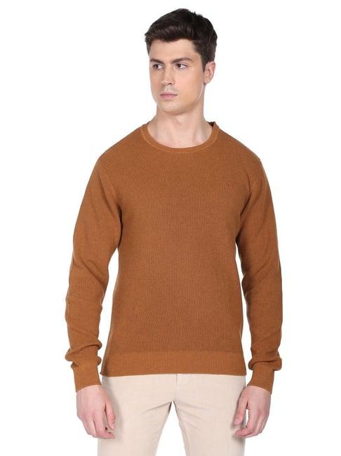 arrow brown regular fit self pattern sweater