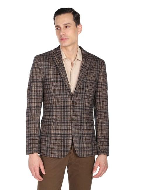 arrow brown slim fit self pattern blazer