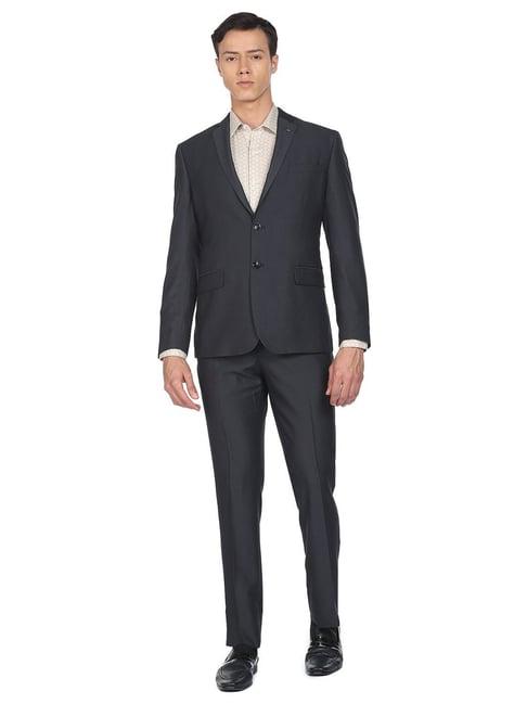 arrow charcoal black cotton regular fit two piece suit