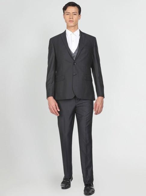 arrow charcoal regular fit texture three piece suit