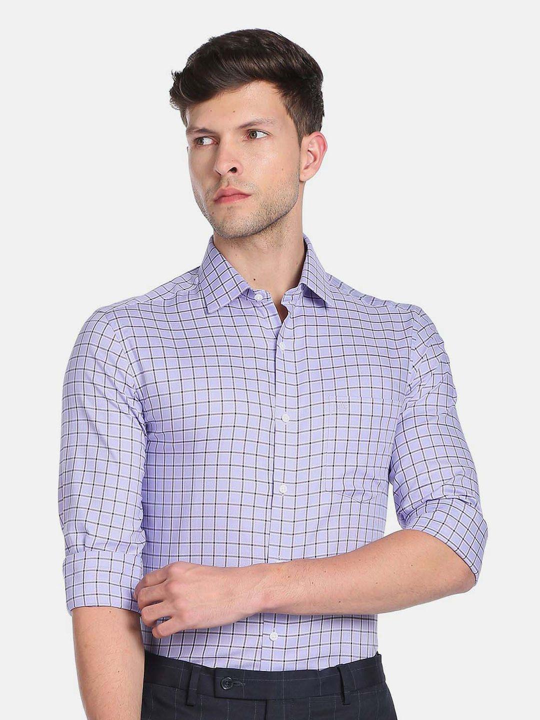 arrow checked spread collar slim fit formal cotton shirt