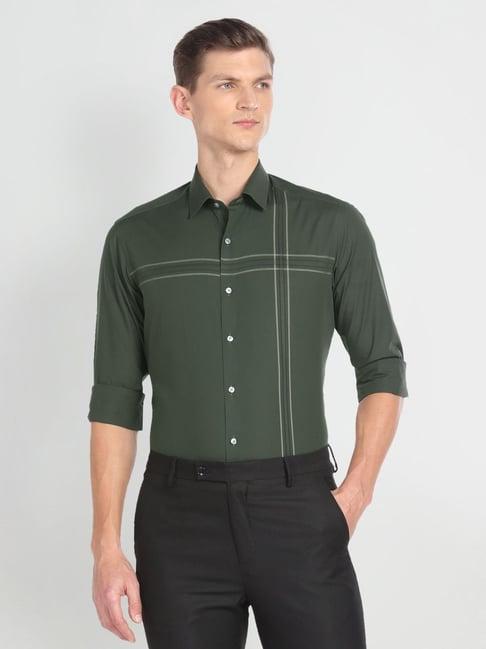 arrow green cotton slim fit striped shirt