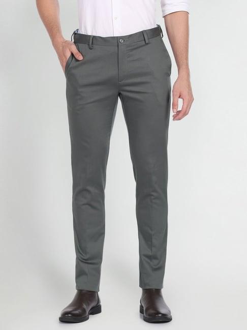 arrow green cotton slim fit trousers