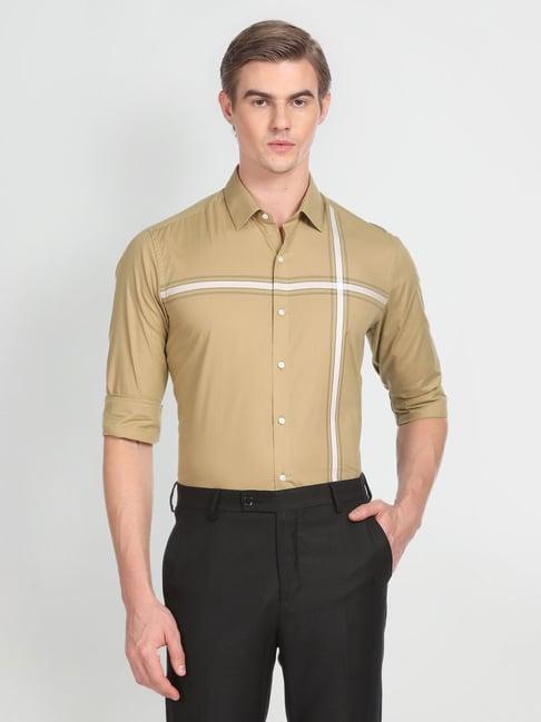 arrow khaki cotton slim fit striped shirt