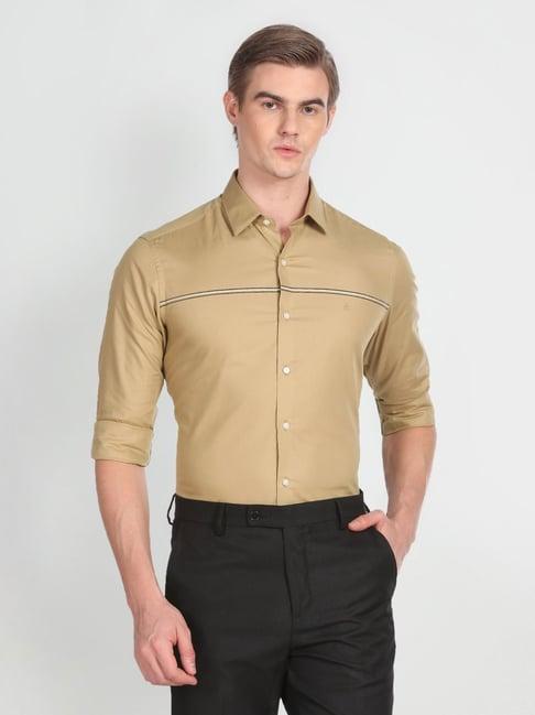 arrow khaki cotton slim fit striped shirt