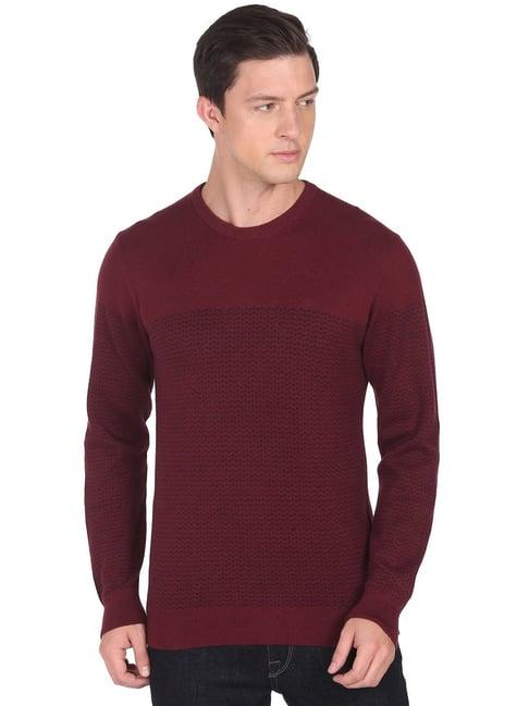 arrow maroon cotton regular fit self pattern sweaters