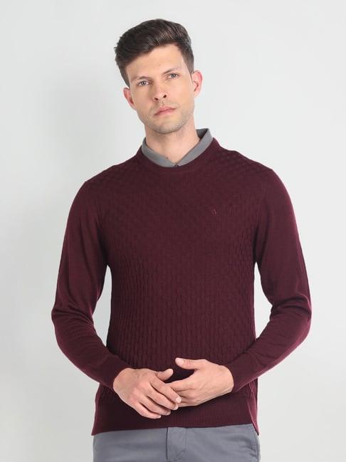 arrow maroon regular fit self pattern sweater