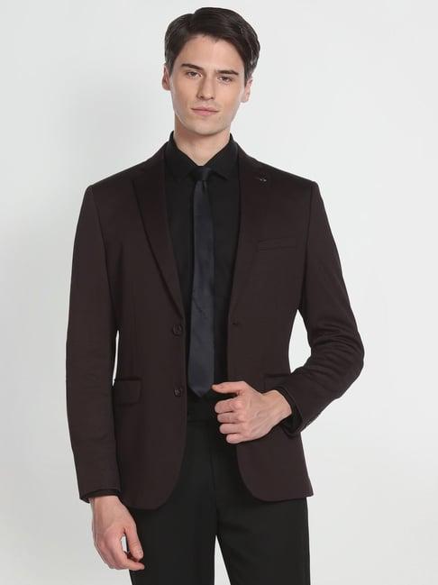 arrow maroon slim fit self pattern blazer