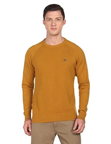 arrow men's cotton blend round neck sweater (asacsw9413_dark yellow