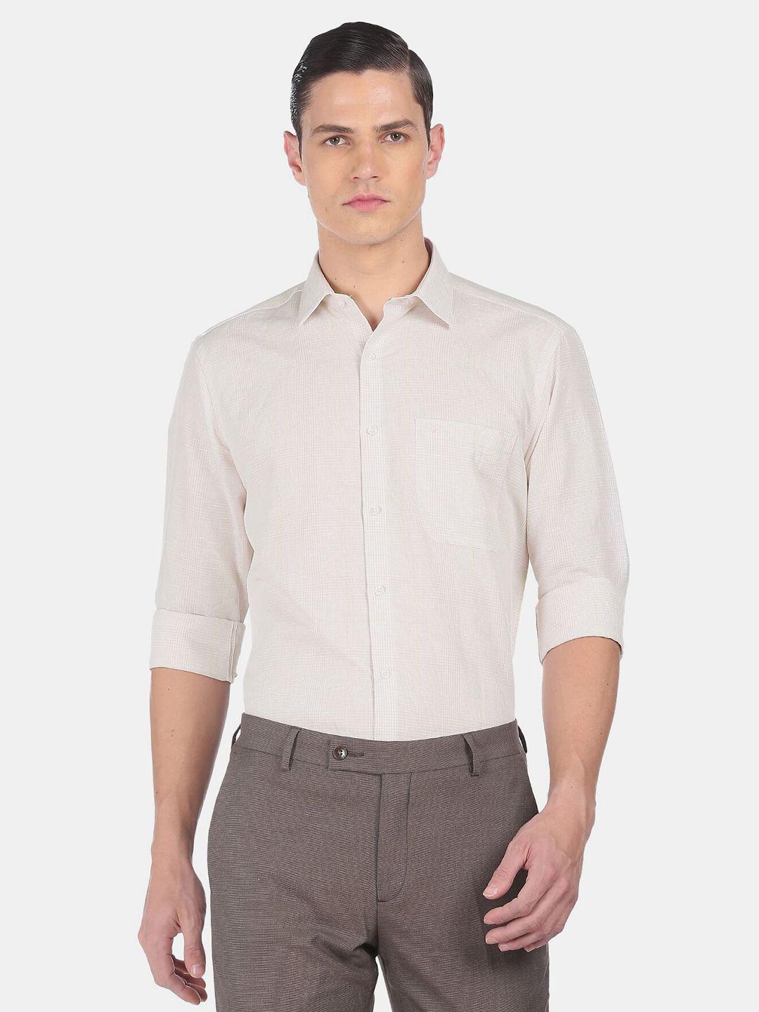 arrow men beige checked formal shirt