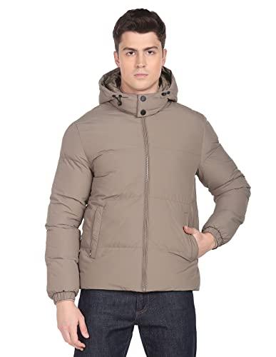 arrow men beige high neck solid detachable hood jacket