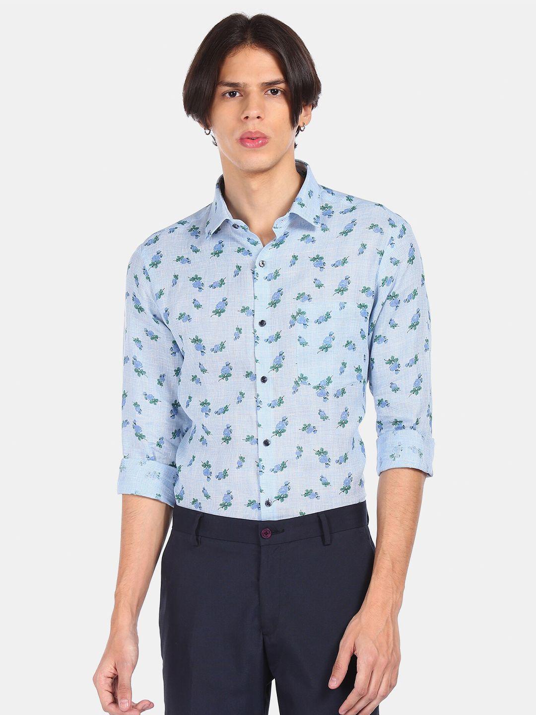 arrow men blue & green opaque printed linen party shirt