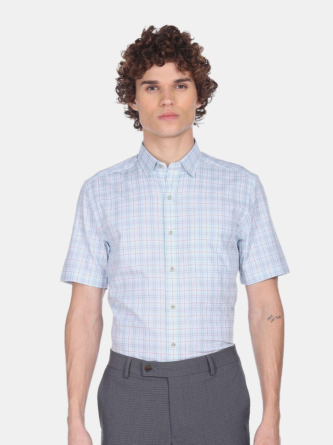 arrow men blue checked pure cotton casual shirt