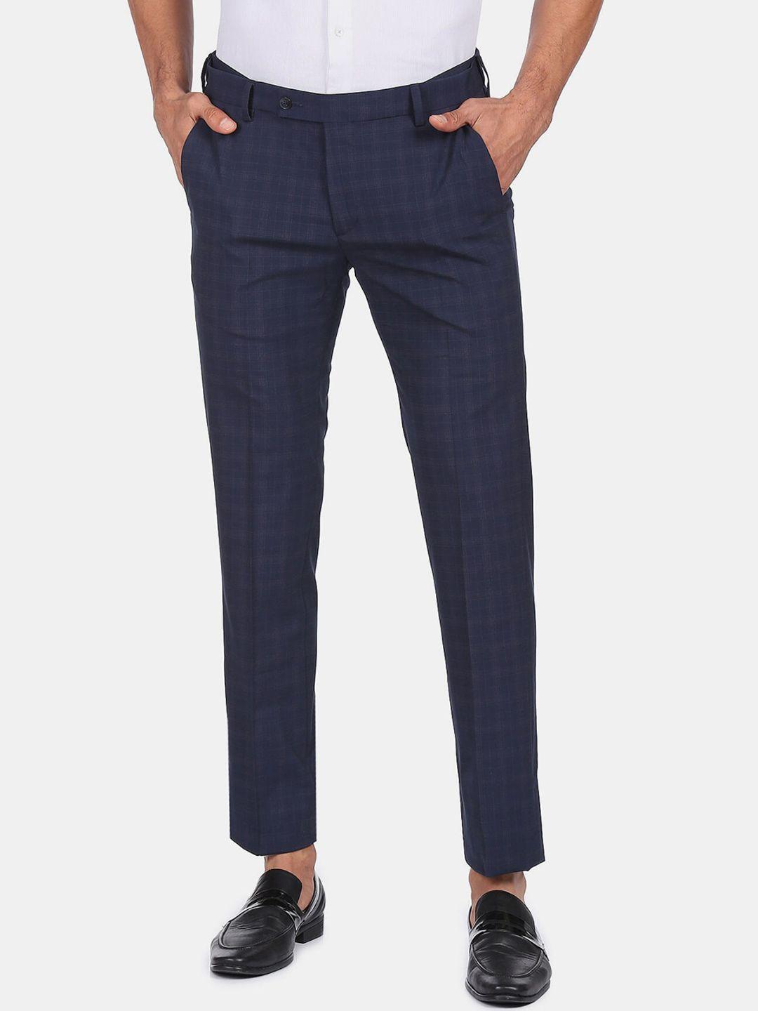 arrow men blue checked regular fit formal trousers