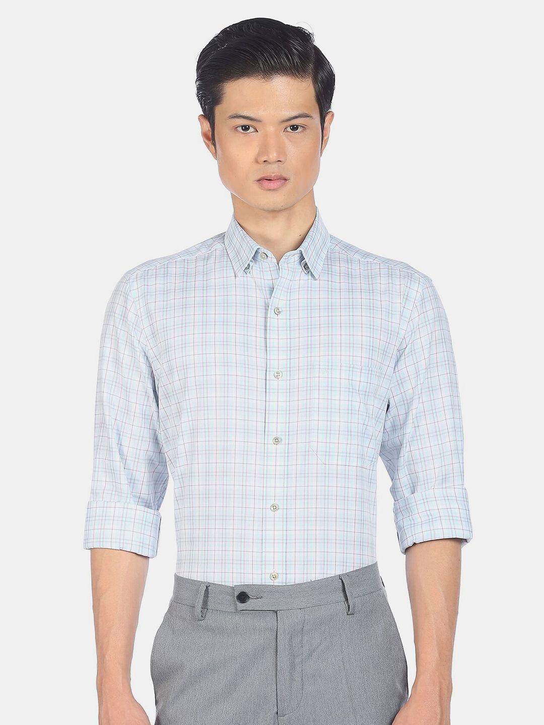 arrow men blue regular fit grid tattersall checked cotton formal shirt