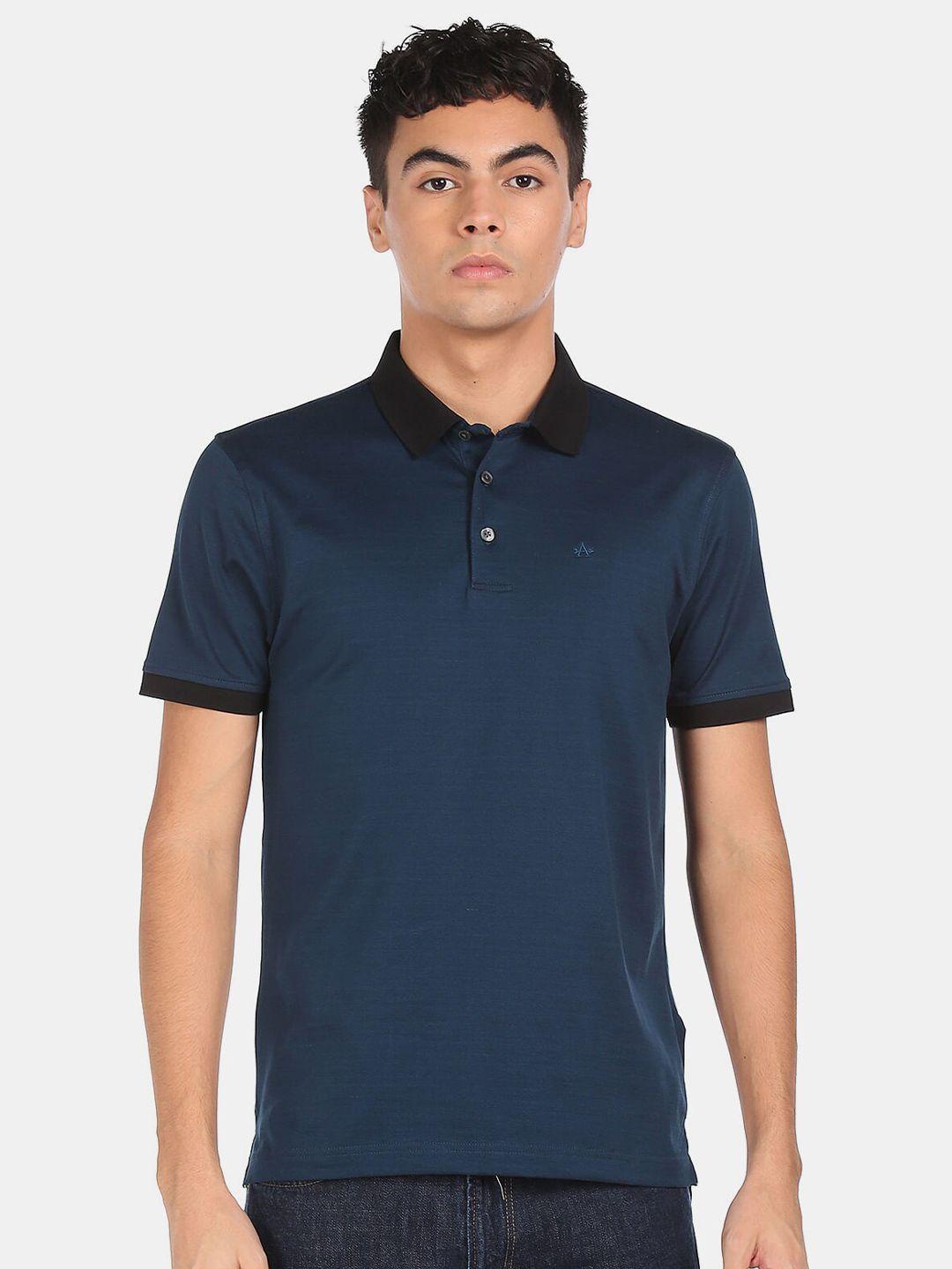 arrow men blue solid polo collar cotton t-shirt