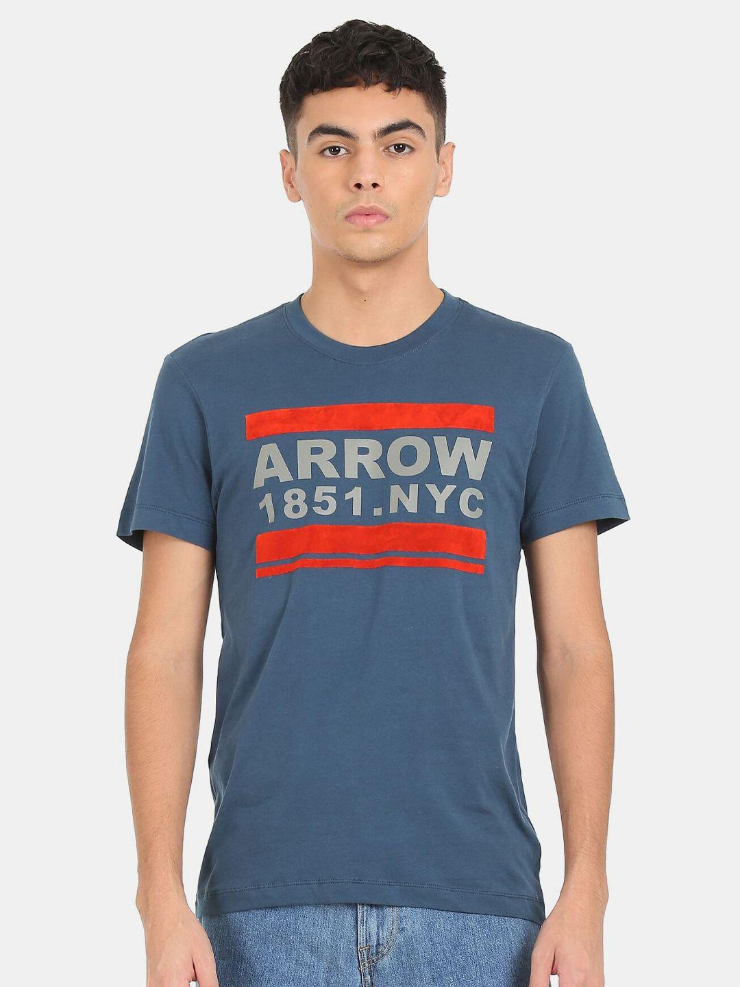 arrow men blue typography printed pure cotton regular fit t-shirt