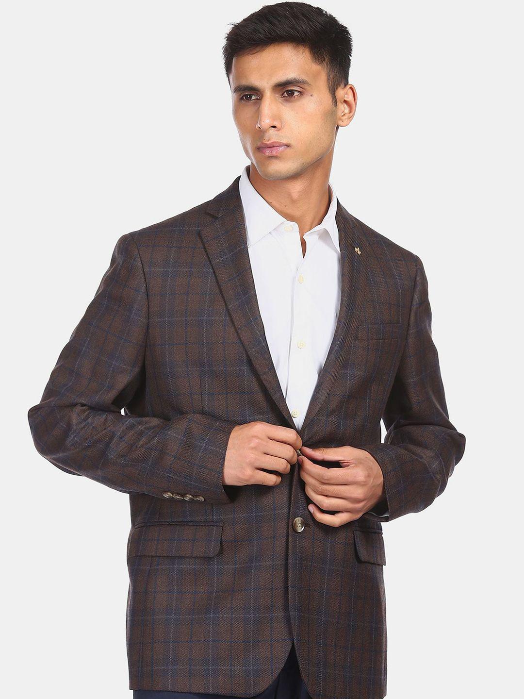 arrow men brown checked single breasted formal blazer