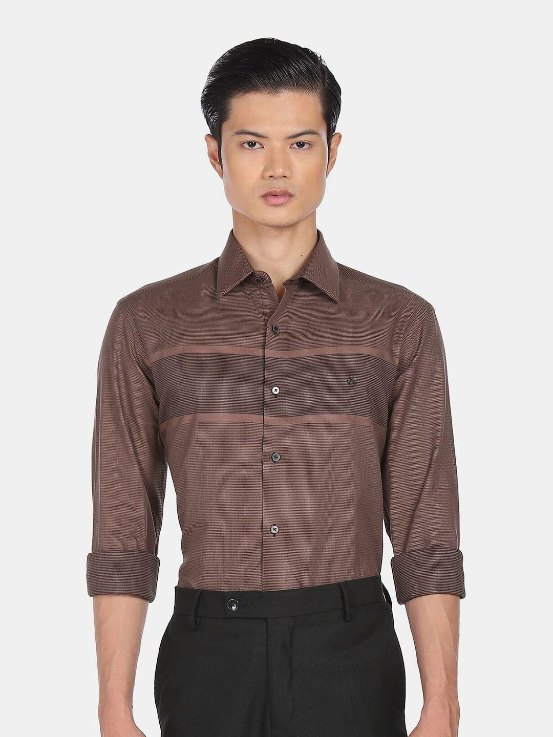 arrow men brown horizontal stripes pure cotton casual shirt