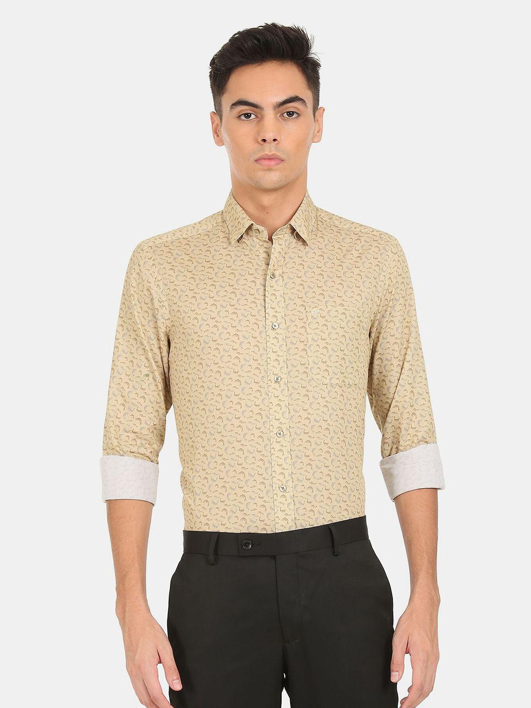arrow men brown regular fit printed cotton formal shirt
