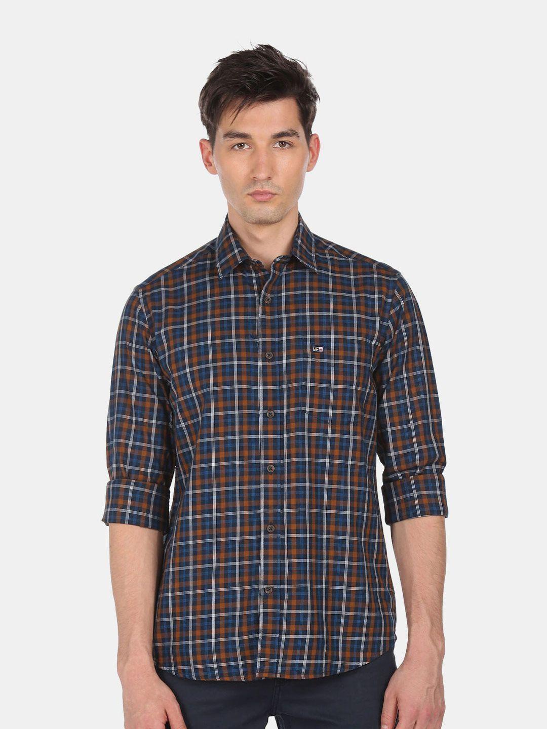 arrow men brown slim fit checked casual shirt