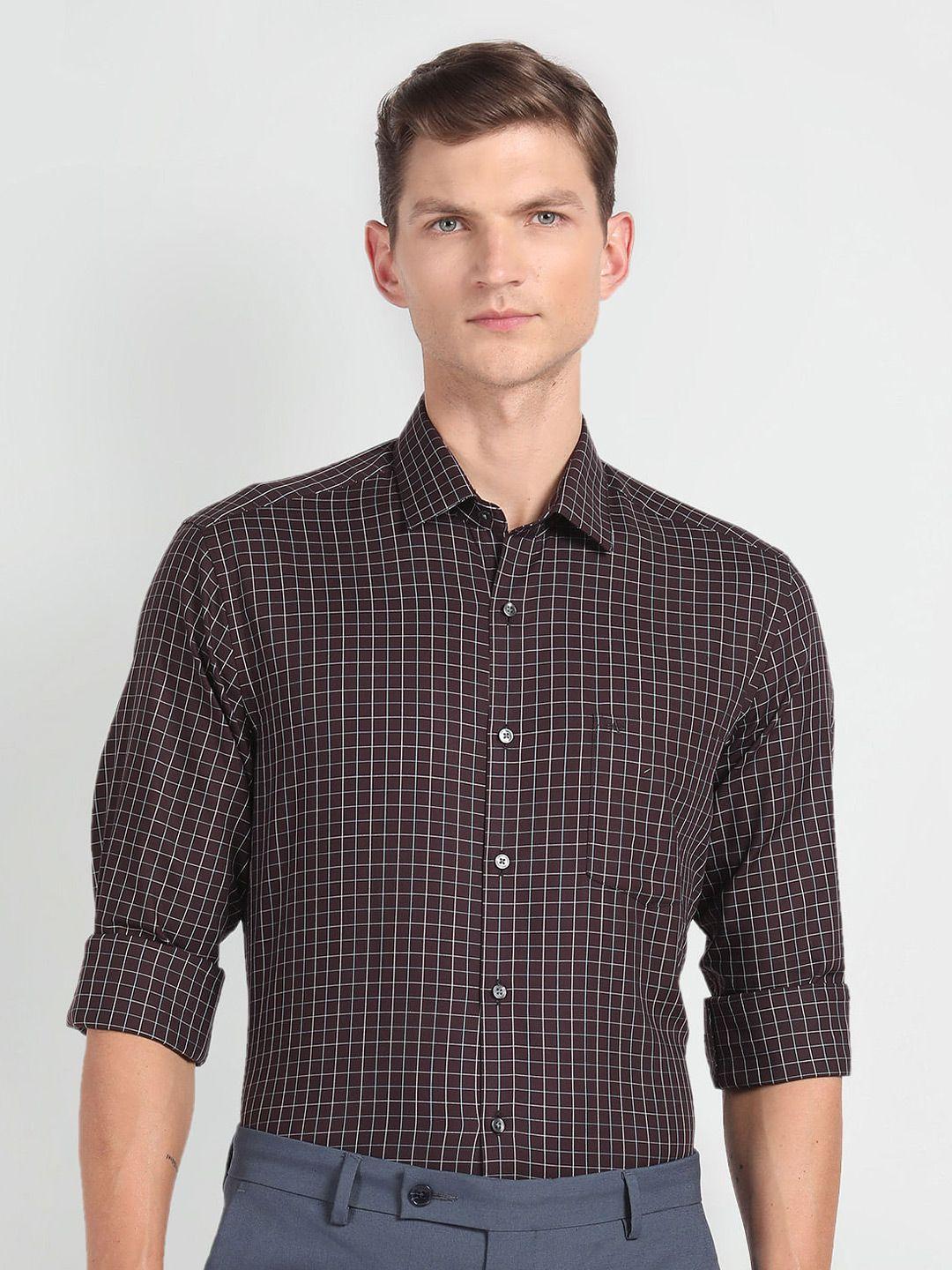 arrow men brown slim fit grid tattersall checks opaque checked casual shirt