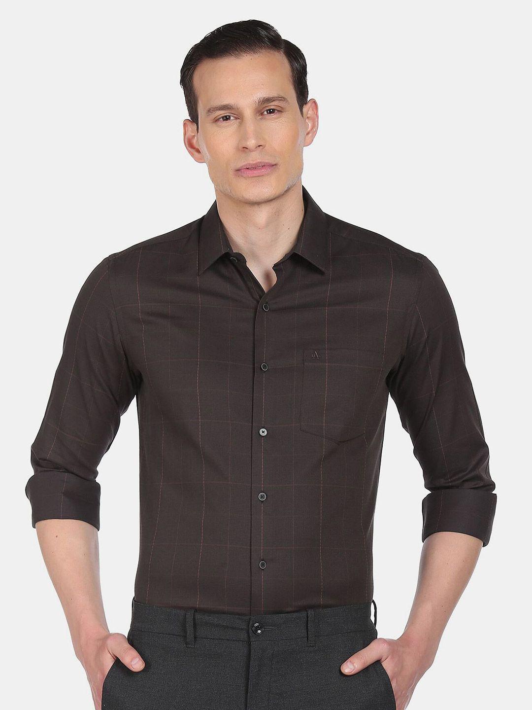 arrow men brown slim fit windowpane checks checked casual shirt