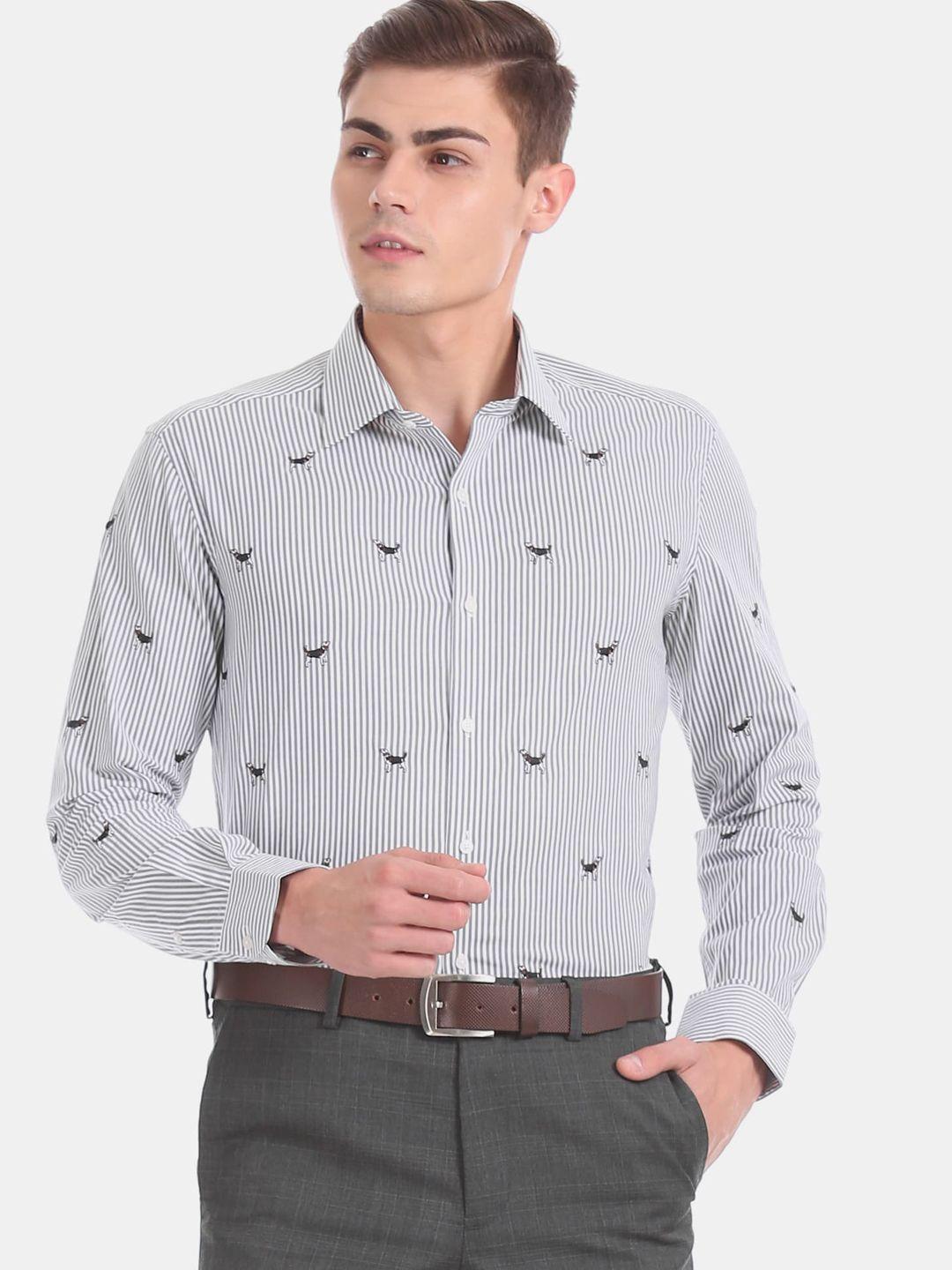 arrow men grey & white slim fit striped formal shirt