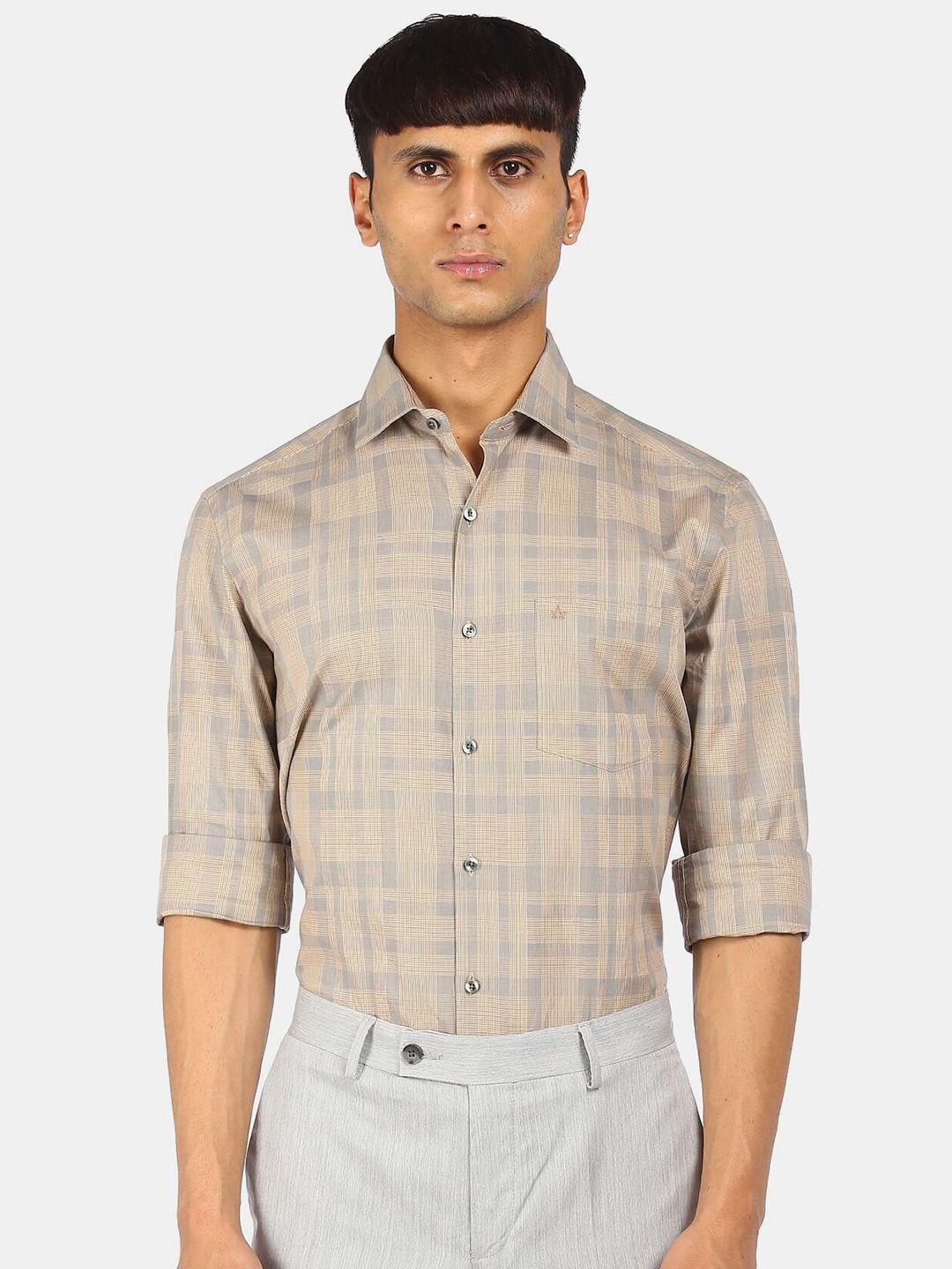 arrow men grey & yellow checked pure cotton casual shirt