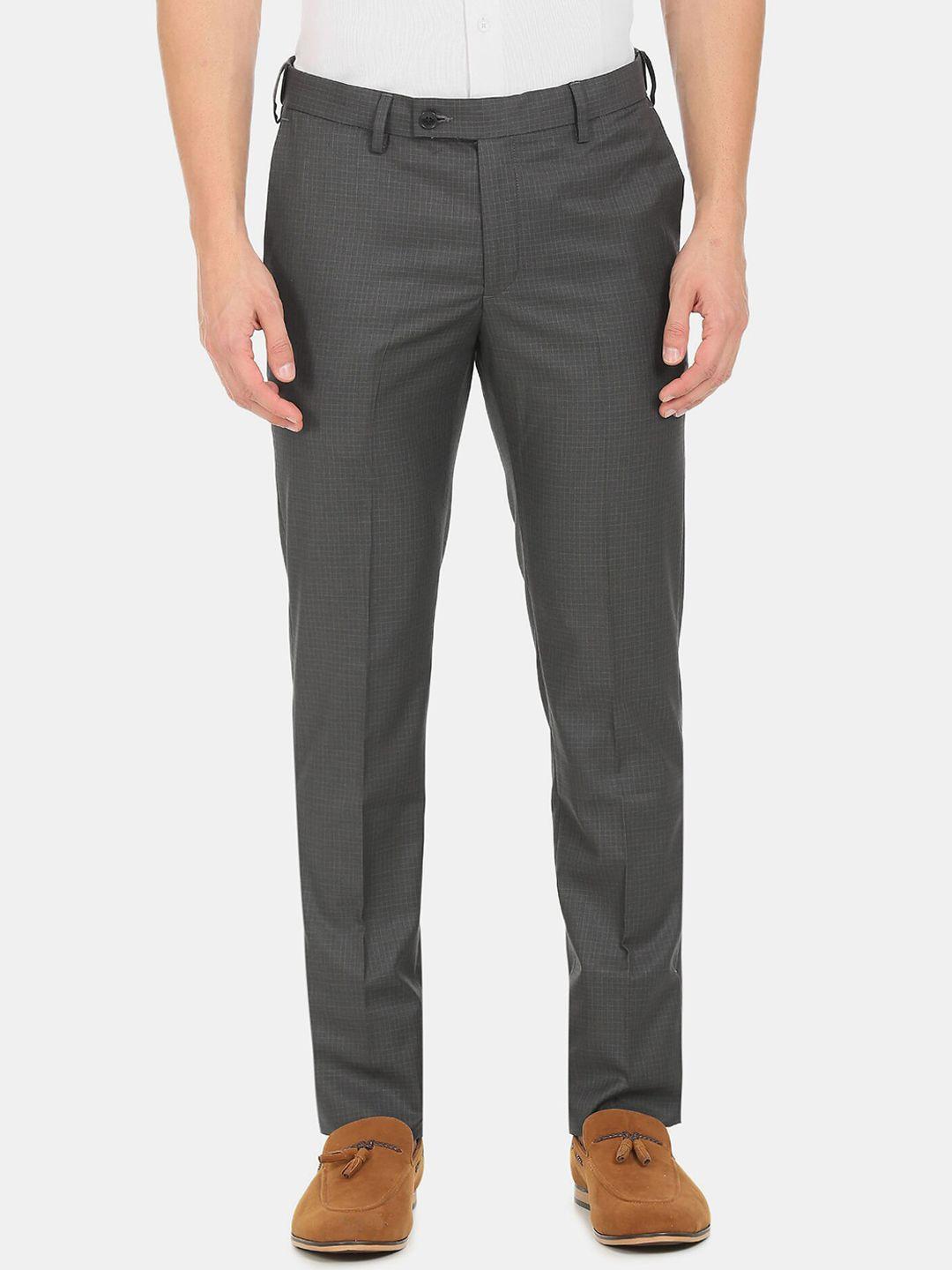 arrow men grey flat-front mid rise formal trousers