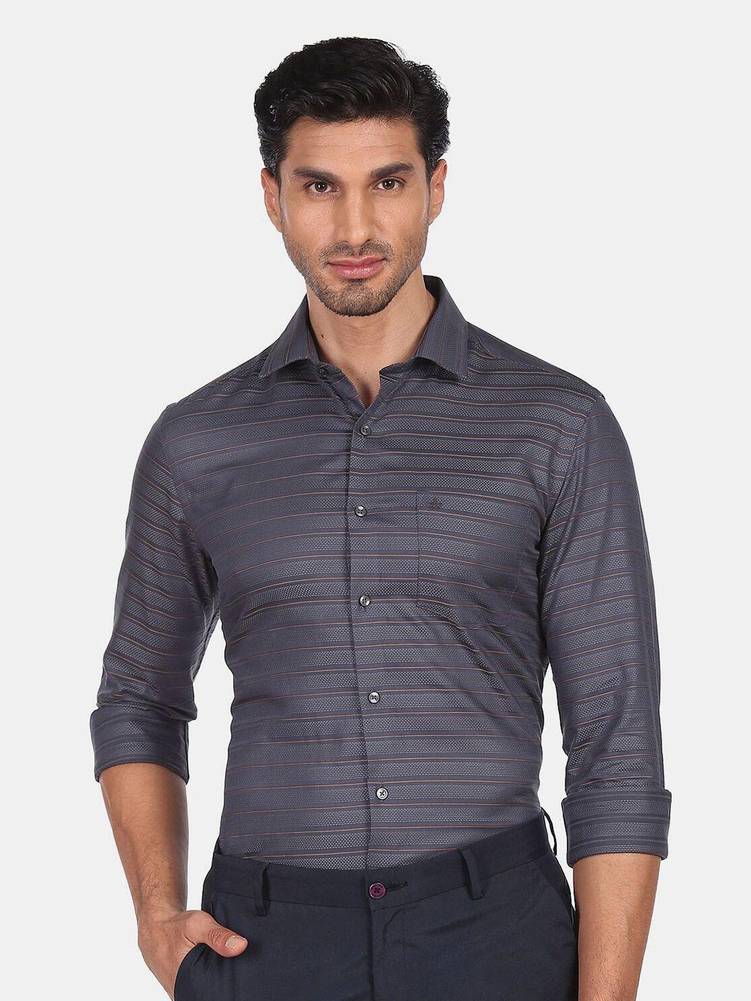 arrow men grey slim fit horizontal stripes casual shirt