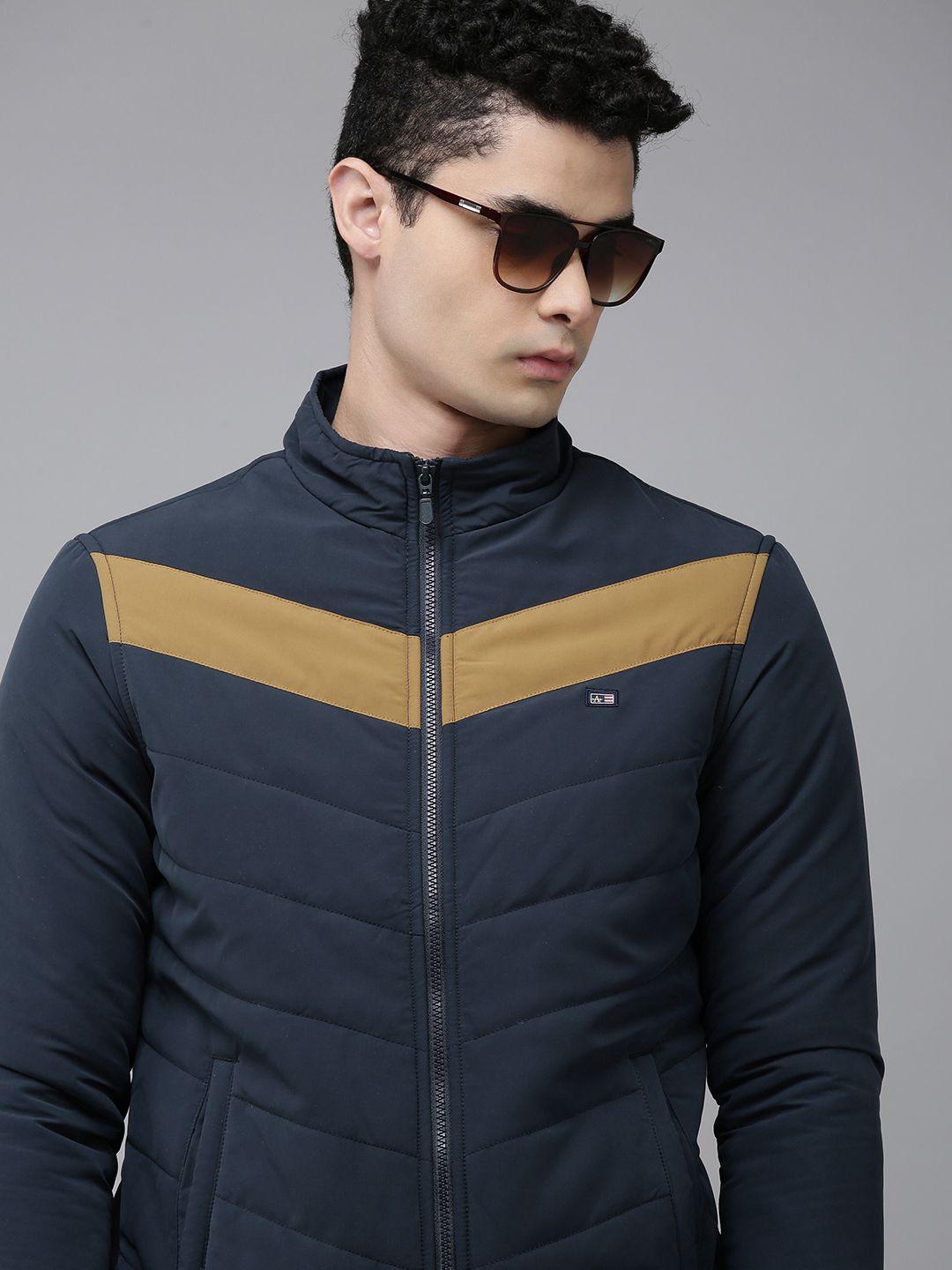 arrow men navy blue & brown colourblocked padded jacket