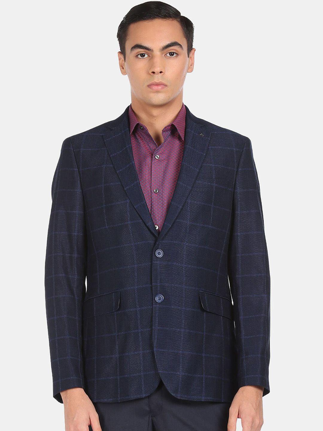 arrow men navy blue checked single-breasted formal blazer