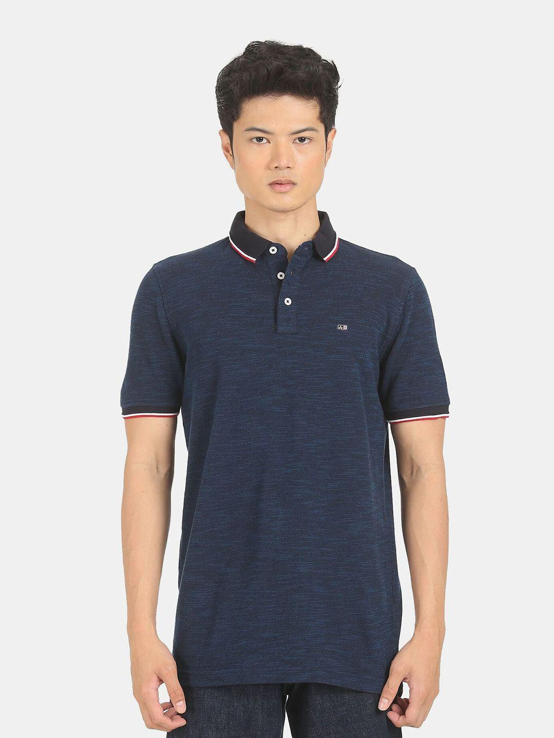 arrow men navy blue solid polo collar regular-fit pure cotton t-shirt