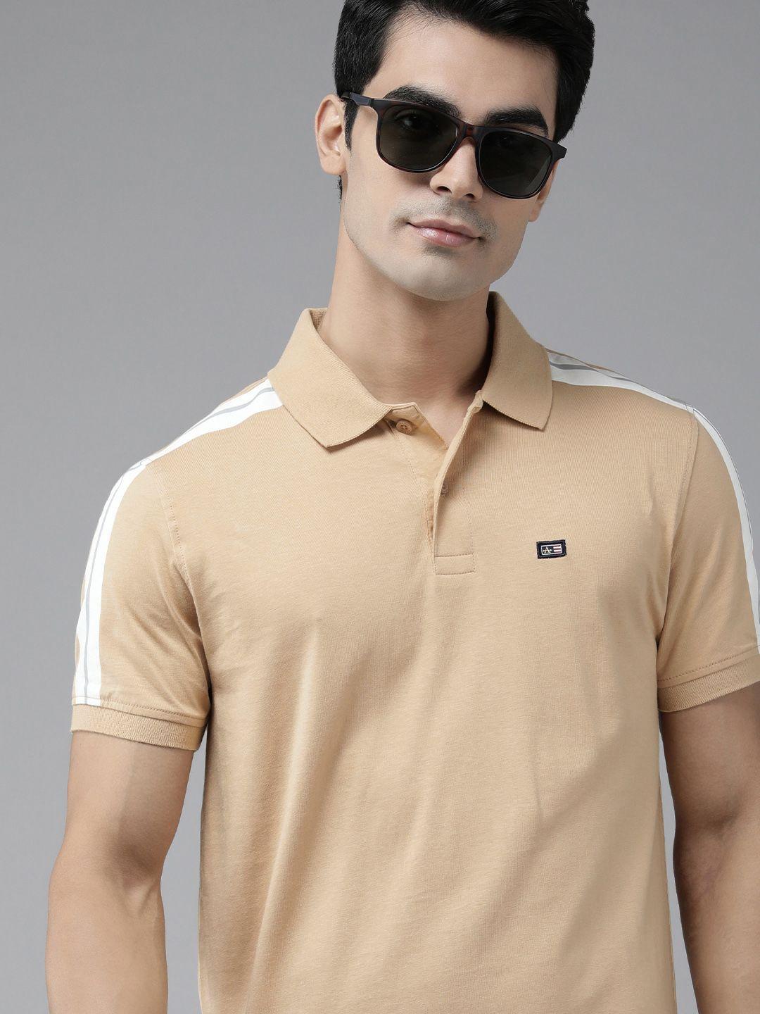 arrow men nude-coloured & white embroidered polo collar pure cotton t-shirt