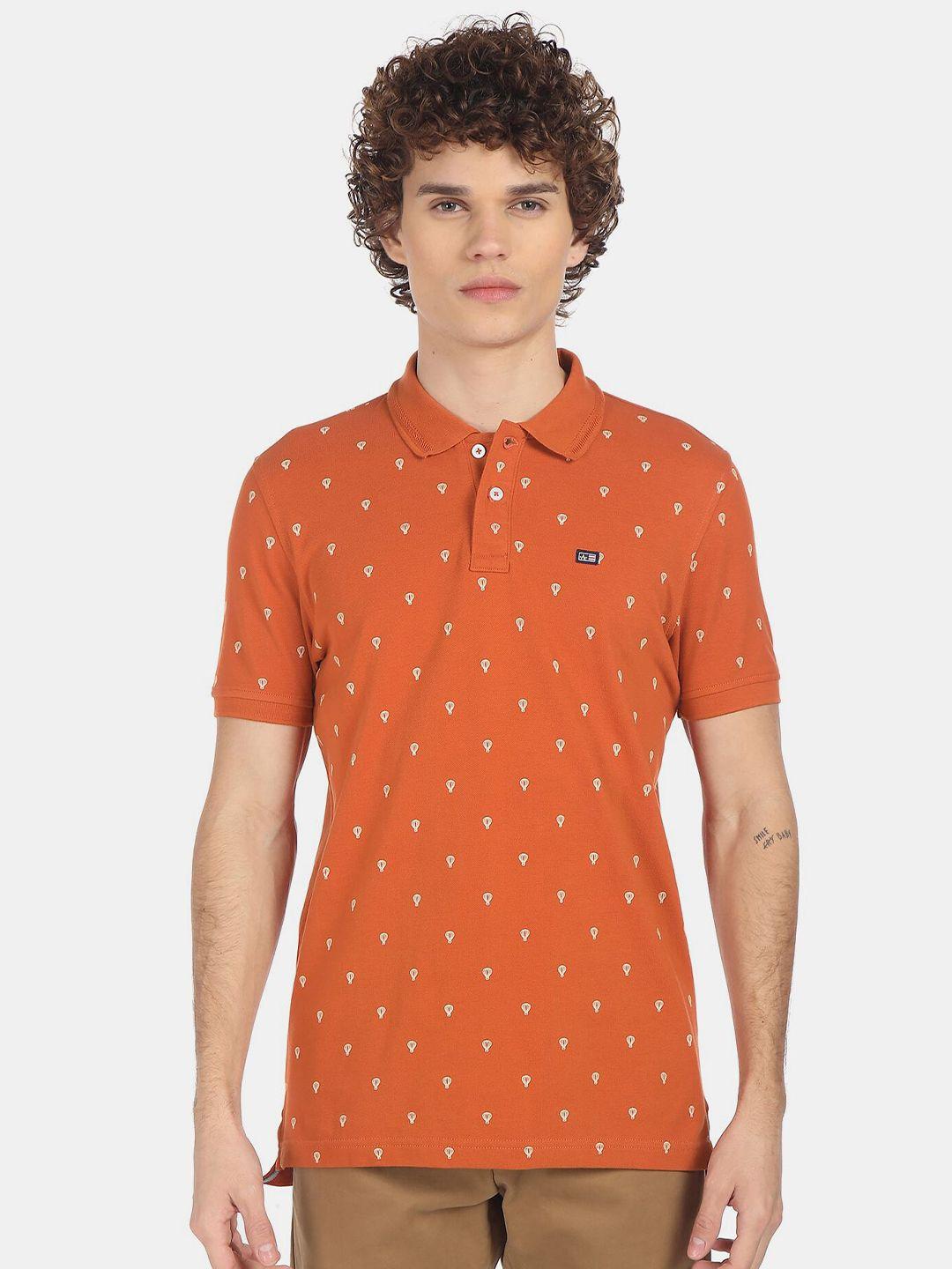 arrow men orange regular fit printed polo collar cotton t-shirt